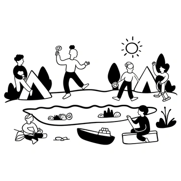 A group of children from diverse backgrounds engaged in various fun activities at a summer camp by a lake. One child is joyfully skipping stones across the water's surface. Another group is gathered around a campfire, roasting marshmallows with sticks. Nearby, a child is building a sandcastle on the shore, while another is paddling a small canoe. Colorful tents are set up in the background, with trees lining the lake's edge. The sun is shining brightly overhead, casting shadows on the ground.