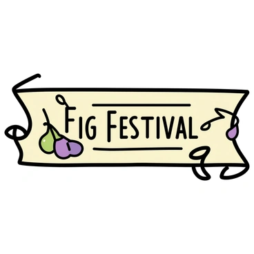 A vintage banner with a rectangular shape and curved edges. The background is a light cream color, providing a soft contrast to the vibrant design. The top portion features the text "Fig Festival" in bold, artistic lettering, surrounded by decorative elements. Hand-drawn illustrations of ripe figs, in shades of deep purple and green, are arranged artistically around the text. Leafy branches intertwine with the figs, enhancing the natural theme. The overall design has a whimsical, inviting feel, suitable for a festive celebration.