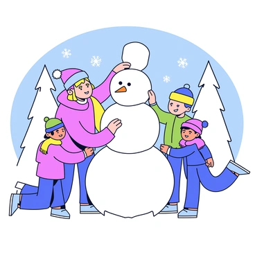 A family of four is outside on a snowy winter day. The father is rolling a large snowball to form the base of the snowman. The mother is helping the children, who are wearing colorful winter hats and scarves. One child, a girl, is adding a smaller snowball on top, while the other child, a boy, is placing two buttons for the snowman's eyes. In the background, there are snow-covered trees and a clear blue sky. Fluffy snowflakes are gently falling around them.