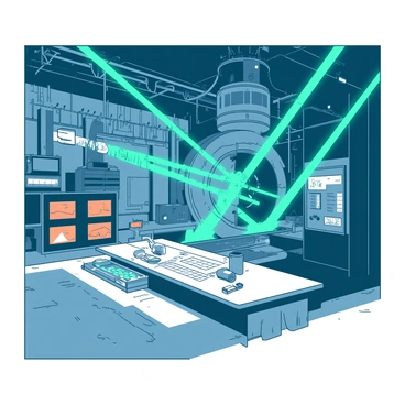 The interior of a particle accelerator is filled with metallic structures and large cylindrical components. A network of tubes runs along the walls, connected to various machines and control panels. Beams of bright teal light shoot through the accelerator, illuminating the space with intense energy. In the center, a white control console displays various readings and dials. Shadows play across the floor, highlighting the intricate architecture of the accelerator, while a faint orange glow emanates from a series of energy chambers.