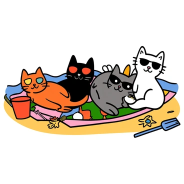 A group of five cats lounging on a sunny beach. Each cat has distinct fur patterns; one is a fluffy orange tabby, another is a sleek black cat, a third is a calico with patches of white, orange, and black, the fourth is a fluffy gray cat, and the fifth is a white cat with striking blue eyes. Each cat is wearing colorful retro sunglasses in different styles: round, aviator, cat-eye, wayfarer, and oversized. The cats are sprawled on a beach towel that features a vibrant tropical print, with soft golden sand and gentle waves in the background. Bright beach toys, like a red bucket and a blue shovel, are scattered nearby, adding to the playful atmosphere.