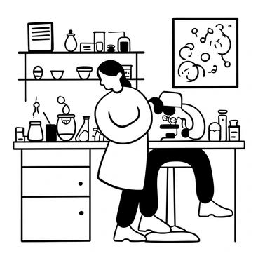 A scientist wearing a lab coat and gloves is peering into a microscope on a clean, white lab bench. Various lab equipment, such as pipettes and petri dishes, are neatly arranged around the microscope. The background features shelves filled with labeled glass containers and scientific manuals. A whiteboard with handwritten notes and diagrams is mounted on the wall. In the scientist's hand, there is a slide with a sample visible under the microscope lens.