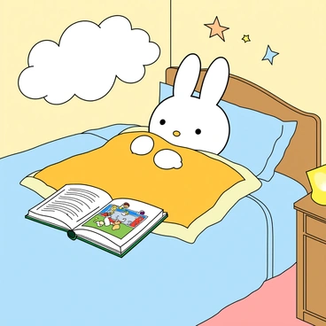 A small, white bunny character named "Miffy" is snuggled comfortably under a soft, colorful blanket in a cozy bed. The bed has light blue sheets and is surrounded by plush pillows. A gentle, warm nightlight shaped like a star is glowing on the bedside table, illuminating the scene with a soft yellow light. Miffy is holding an open bedtime storybook, with colorful illustrations visible on the pages. The room is decorated with cheerful wall art of clouds and stars, creating a playful atmosphere. Miffy's expression is peaceful, looking content as she enjoys her bedtime story.