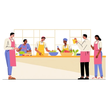 A group of five people gathered in a bright kitchen, all wearing colorful aprons. Two individuals are chopping green vegetables on wooden cutting boards, while another person is stirring a large bowl filled with a vibrant salad mix. A fourth person is measuring ingredients next to a basket filled with fresh produce, including tomatoes and bell peppers. The fifth individual is observing a cooking instructor, who is demonstrating a cooking technique at the front of the kitchen. Various utensils and pots are arranged neatly on the counter, and a window in the background lets in natural light, enhancing the lively atmosphere.