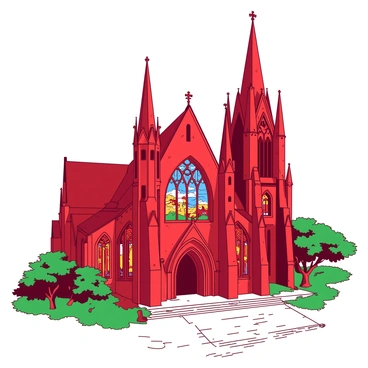 A red intricate gothic cathedral features towering spires that reach high into the sky. The façade of the cathedral is adorned with various intricate carvings and details. Large stained glass windows depict vibrant scenes, casting colorful light patterns on the ground. A white stone pathway leads up to the grand entrance, surrounded by lush green landscaping. The atmosphere is illuminated by the vibrant colors from the stained glass, creating a striking visual contrast.