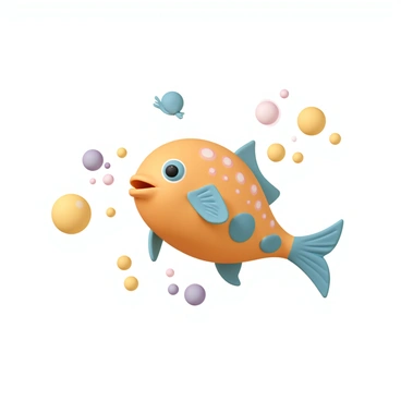 A playful fish, with bright scales that shimmer in shades of orange, blue, and green, is swimming energetically. Its fins are spread wide, showcasing their delicate patterns as it darts among the colorful bubbles. The bubbles are varying in size and radiate a spectrum of colors, including pink, yellow, and purple, as they rise to the surface. The clear water enhances the vibrant hues of both the fish and the bubbles, creating a lively underwater scene.
