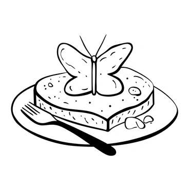 A butterfly-shaped slice of butter placed on a piece of toast, with intricate details on the wings of the butter. The toast is lightly browned and has a textured surface, resting on a simple white plate. Surrounding the toast are small crumbs that add a sense of realism to the scene. There is a fork positioned next to the plate, emphasizing the idea of a breakfast setting. A delicate pattern is visible on the plate's edge, enhancing the charm of the entire arrangement.