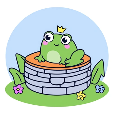 A green frog with a tiny gold crown is sitting on the edge of a stone wishing well. The frog has large round eyes and a cheerful expression. The wishing well is made of grey stones with a wooden roof. The background features a lush green landscape with colorful flowers scattered around. A clear blue sky is visible above, enhancing the cheerful atmosphere of the scene.