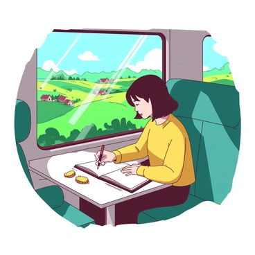 An illustrator is sitting by the window of a train, focused on their sketchbook. The sketchbook is open, showcasing a half-finished drawing of the green rolling hills outside. The train interior is cozy, with soft teal seats and a small white table in front of the illustrator. The illustrator has short black hair and is wearing a yellow sweater, immersed in sketching. Sunlight is streaming through the window, casting a warm glow on their hands and the pages of the sketchbook. In the background, there are glimpses of fields and quaint houses passing by, framed by the train window.