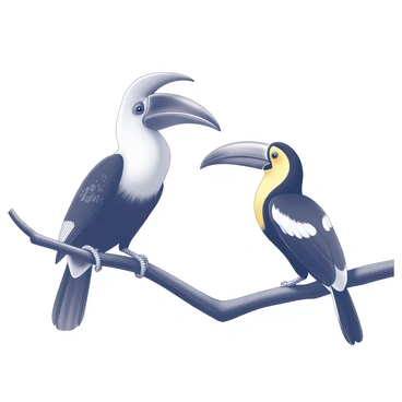 A hornbill and a toucan are perched side by side on a sturdy branch. The hornbill has a prominent, curved bill that arches upwards, showcasing its distinctive shape and texture. The toucan next to it features a larger, flat beak that juts out prominently, emphasizing its vibrant form. Both birds exhibit intricate feather patterns and textures on their bodies, with the hornbill displaying a mix of black and white plumage, while the toucan sports a blend of yellow and black. They are gazing at each other's beaks, creating a sense of comparison and contrast in their unique features. The scene captures the natural interaction between the two species in their tropical habitat.