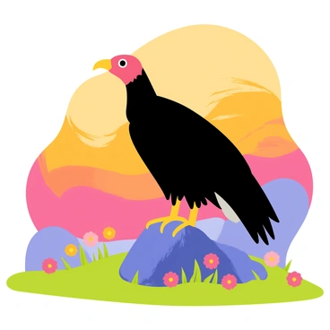 A turkey vulture with dark feathers and a red head is perched on a rocky outcrop. The bird's wings are slightly spread, catching the warm rays of the first light of a vibrant sunrise. The sky behind it is a blend of orange, pink, and purple hues, creating a beautiful backdrop. The surrounding landscape features green grass and scattered wildflowers, illuminated by the soft glow of the morning sun.