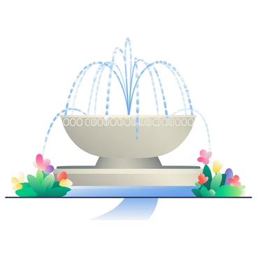 A large, decorative fountain is located in a vibrant garden. The fountain is made of polished stone, featuring intricate carvings along its edges. Water is spraying from the fountain in graceful arcs, creating a series of parabolic shapes as it falls back into the basin below. The sunlight catches the water droplets, creating sparkling reflections. Surrounding the fountain are colorful flowers in full bloom, with green leaves framing the scene. A smooth path leads to the fountain, inviting viewers to admire the beauty of the water display.