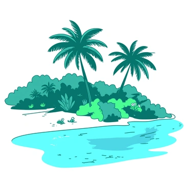 A teal tropical island features several tall palm trees swaying gently in the breeze. In the foreground, there is a crystal-clear lagoon reflecting the vibrant surroundings. The water is calm and inviting, displaying shades of blue as it meets the white sandy shore. In the background, lush greenery borders the lagoon, with clusters of tropical flowers adding splashes of color amidst the greenery. The scene captures the tranquility and beauty of a secluded paradise.