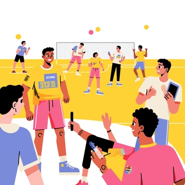 A famous athlete stands at the edge of a brightly colored dodgeball court, wearing a vibrant athletic uniform. They have a confident smile as they hold a black marker in one hand, ready to sign autographs. Several enthusiastic fans surround them, holding dodgeball memorabilia and smartphones, eagerly waiting for their turn. The athlete's personal logo is visible on their jersey, adding to their recognizable image. In the background, a group of players is engaged in an intense game of dodgeball, with colorful balls flying through the air.