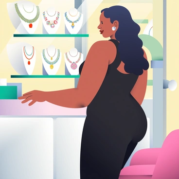 A woman with light brown skin and long, curly black hair is standing in a boutique, admiring a display of art deco inspired jewelry. She is wearing a fitted, elegant black dress with subtle embellishments and delicate silver earrings. Her gaze is focused on a radiant array of necklaces adorned with geometric shapes and sparkling gemstones. In the background, soft lighting highlights the luxurious interior of the boutique, accentuating the glossy surfaces of the jewelry cases. The atmosphere is refined and sophisticated, with hints of plush fabrics and carefully arranged decorative elements around her.