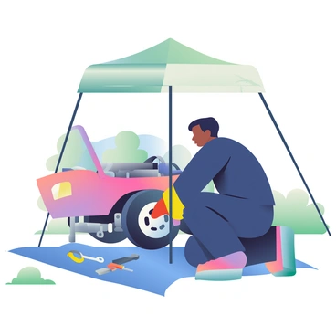 An engineer with medium skin and short black hair is crouched down beside a car engine, carefully examining its components. The engineer is wearing a navy blue jumpsuit and safety gloves. A portable tent, with its sides partially open, is set up above the scene, providing shade from the sun. Tools are scattered on a nearby blue tarp, including a wrench and a screwdriver. In the background, there are patches of green grass and a few trees, indicating that the inspection is taking place in a natural outdoor setting.