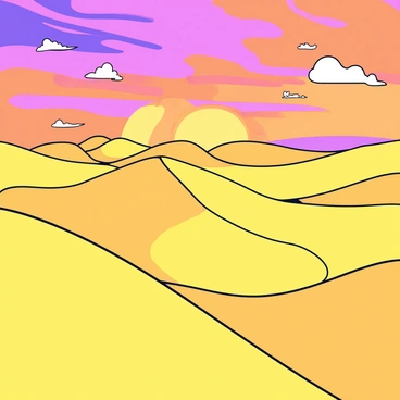 A vast expanse of sweeping desert dunes, each dune elegantly shaped with gentle curves and peaks. The sand is a warm golden hue, reflecting the light of the setting sun. Above the dunes, the sky is filled with a vibrant display of colors, transitioning from deep orange to rich purple, creating a striking contrast against the golden sand. The sun is positioned low on the horizon, casting long shadows across the dunes. A few scattered wisps of clouds are painted with soft strokes, adding texture to the colorful sky.