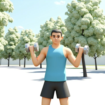 A person, wearing a bright blue tank top and black athletic shorts, is performing dumbbell lateral raises. They are standing with a determined expression, lifting a pair of silver dumbbells to shoulder height. The sun is shining brightly, casting shadows on the ground. In the background, tall green trees with lush foliage provide a natural setting, while a clear blue sky adds to the vibrant atmosphere of the park.