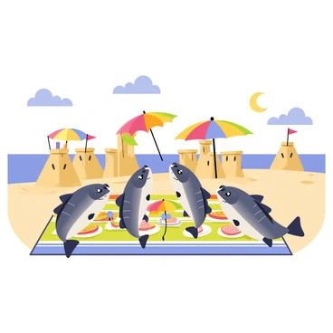 A beach scene with a group of cartoon-style sardines gathered around a colorful picnic blanket. The sardines are smiling and engaging with each other, some holding tiny plates of food. Above them, there are small, vibrant umbrellas providing shade. In the background, several whimsical sandcastles with flags are scattered along the sandy shore. The sky is bright blue with a few fluffy clouds.