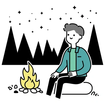 A man named "Adam" with short, light brown hair is sitting on a log beside a campfire. The fire is brightly illuminating his face with warm orange and yellow hues. He is wearing a green flannel shirt and dark jeans. Surrounding him is a dense forest with tall trees, their silhouettes visible against the backdrop. Above, a clear "starry sky" is filled with numerous twinkling stars, creating a tranquil atmosphere. The ground is covered in fallen leaves, and there are a few scattered stones around the campfire.