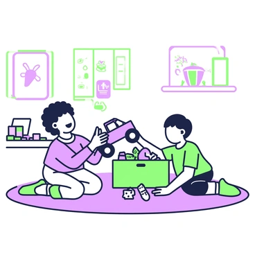 Two children happily sharing toys in a colorful playroom