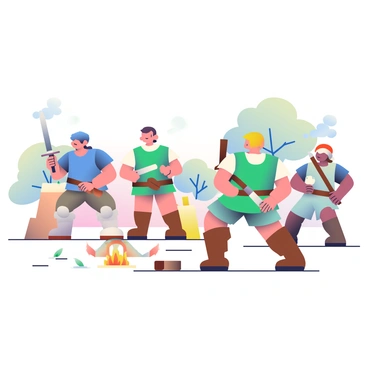 A group of five young warriors is engaging in training at an outdoor camp. The warriors are wearing various types of armor; one has a blue tunic, another sports a green vest, while the others wear leather gear in shades of brown and gray. They each hold weapons: a sword, a spear, a bow, and a pair of throwing daggers. The camp is set up with wooden training dummies and targets scattered around. In the background, there are trees providing shade, and a small campfire with smoke rising into the air. The warriors appear focused and determined as they practice their combat skills in preparation for the challenge ahead.