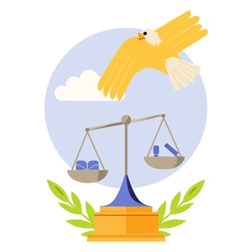 An illustration featuring a large golden eagle soaring against a bright blue sky. Below, a balanced scale is placed on a wooden pedestal, symbolizing justice. The scale has a shimmering silver finish, with one side holding a book and the other side holding a gavel. Surrounding the pedestal are green olive branches, representing peace. In the background, there are fluffy white clouds adding depth to the scene.