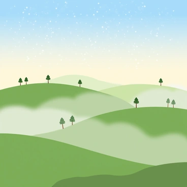 A soft fog blanketing a series of gently sloping green hills in the early morning light. The hills are dotted with small clusters of trees that appear slightly blurred by the fog. The atmosphere is filled with visible droplets of moisture, creating a shimmering effect in the air. The sky is transitioning from dark to light, showcasing a gradient of colors from deep blue to soft pastel hues. Shadows from the hills stretch softly across the landscape, adding depth to the scene.