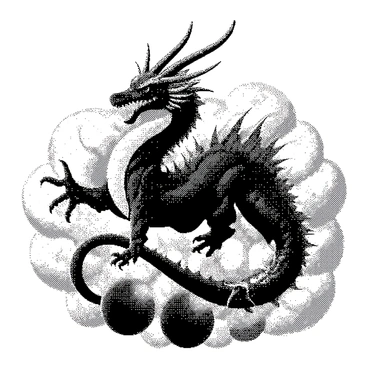 A large, mythical dragon with elongated body and sinuous curves is emerging from a cluster of "Dragon Balls". The dragon has intricate scales and sharp claws, with a majestic head that features long antler-like horns and fierce eyes. It is surrounded by dense, swirling clouds that add a sense of movement. The Dragon Balls are glowing, creating a focal point where the dragon is emerging, with their distinct patterns visible on their surfaces.