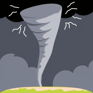 A tornado forming with a spiraling gray funnel descending from a dark, moody sky. Flashes of bright white lightning illuminate the tornado, creating stark contrasts against the cloudy backdrop. Dark gray clouds swirl around the tornado, adding to the dramatic atmosphere of the storm. The landscape below is a flat terrain, with hints of green grass peeking through the shadows cast by the storm.