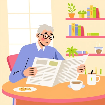 An elderly man with gray hair and glasses is sitting at a round wooden table in a cozy café. He is wearing a light blue sweater and has a focused expression on his face as he reads the morning newspaper, which is spread out in front of him. A steaming cup of coffee rests next to him, with a small plate of pastries on the table. The café has warm lighting, and there are shelves with books and plants in the background, creating a welcoming atmosphere.