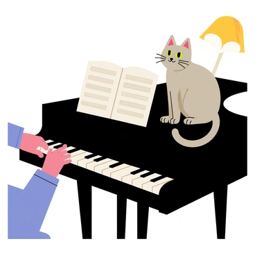 A curious cat with fluffy gray fur is sitting on top of a grand piano. The cat has bright green eyes and its ears are perked up in attention. The piano is shiny ebony, reflecting the light. The cat watches as a pair of hands gracefully play the white and black keys. Sheet music is opened on the stand, and a soft light illuminates the scene from a nearby lamp. The cat's tail is flicking back and forth, showing its interest in the music being created.