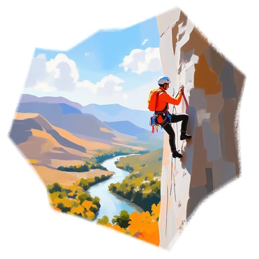 A climber with a helmet and harness is scaling a steep rock face made of rugged granite. The climber has a focused expression, showcasing determination as they grip onto the rough rock surface. Below, a breathtaking view unfolds, showcasing a vast landscape of rolling hills, dense forests, and a winding river. The sky overhead is clear blue, with a few wispy clouds scattered throughout. The sunlight casts dramatic shadows on the rock face, enhancing the texture of the climbing surface.