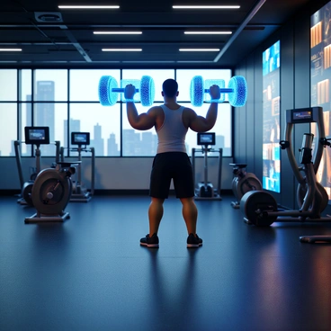 A 3D human figure with an athletic build, wearing a fitted tank top and shorts, is engaged in an intense workout. The figure is lifting a set of futuristic holographic weights that glow with bright blue light. Surrounding the figure is a futuristic gym environment, featuring advanced exercise machines with holographic displays showing various workout metrics. The walls are lined with panels that project dynamic visuals, creating an immersive atmosphere. A large window reveals a view of a high-tech city skyline in the background.
