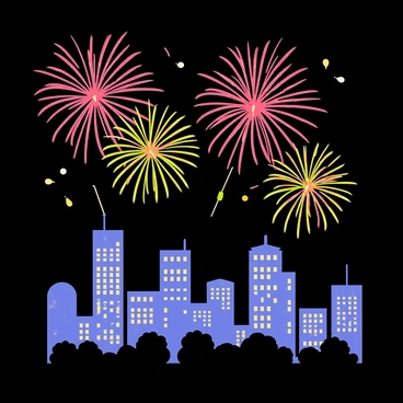 A vibrant fireworks display bursts in colorful explosions against a dark night sky. The fireworks consist of bright reds, blues, and greens, creating intricate patterns as they illuminate the skyline. Below, a cityscape features tall buildings with glowing windows, reflecting the light from the fireworks. The city is framed by a silhouette of trees and rooftops, providing contrast to the dazzling show above. The scene captures a festive atmosphere, with the fireworks drawing the viewer's eye upward.