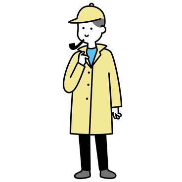 A person wearing a classic detective costume stands confidently. They have a deerstalker hat resting on their head. In one hand, they hold a magnifying glass. The other hand is poised near their mouth, holding a curved pipe. The detective's coat is long and tailored, adding to the overall look of mystery and investigation.