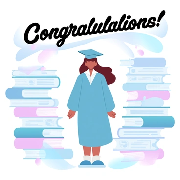 A girl is standing in the center of a room filled with stacks of books. The books vary in size and color, creating a vibrant display. She is wearing a graduation cap and gown, signifying her transition to a new chapter in her life. The books are open, showcasing pages filled with text and diagrams. Surrounding her, there are also diploma certificates resting atop some of the books. A large banner in the background reads "Congratulations!" in elegant lettering.