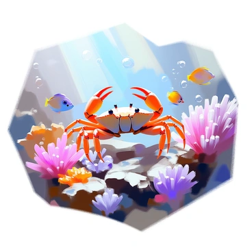 A crab with claws extended is navigating through a vibrant coral habitat. The coral formations are varied in color, showcasing shades of blue, purple, and hints of white, but appear dulled in some areas due to the effects of acidification. The crab is moving cautiously around the coral, exploring its surroundings among small fish swimming nearby. There are patches of bleached coral visible, contrasting with healthier sections, indicating the impact of changing ocean conditions. Bubbles rise from the seabed, contributing to the underwater atmosphere. Soft rays of sunlight filter through the water, illuminating the scene.