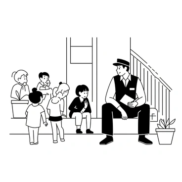 A mailman sitting on the steps of a porch, demonstrating to a group of children how to write a letter. The mailman is wearing a uniform with a cap and has a satchel beside him. He is holding a piece of paper and a pen, while the children eagerly watch. One child is sitting next to him, while the others are gathered around, looking curious. The porch is adorned with potted plants, and there are wooden railings in the background.