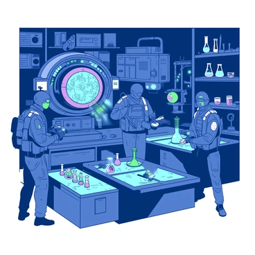 A group of four operators is exploring a hidden laboratory filled with various curious gadgets. The operators are dressed in tactical gear, each holding a flashlight that illuminates their surroundings. The laboratory is cluttered with an array of peculiar devices, including a large, intricate machine with spinning gears and glowing panels. On one workbench, there are several small vials filled with colorful liquids. The walls are lined with shelves filled with strange gadgets and tools, creating a sense of intrigue and discovery. The atmosphere is tense as they carefully examine their surroundings, looking for clues.