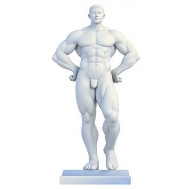 A marble sculpture depicting a human figure stands prominently. The figure has well-defined calf muscles that showcase strength and athleticism. The hands are positioned on the hips, emphasizing the muscular structure of the legs. The surface of the marble is smooth, with intricate details capturing the contours of the muscles. The figure is set against a simple background, allowing the focus to remain on the artistry of the sculpture. The expression on the figure's face conveys determination and poise.