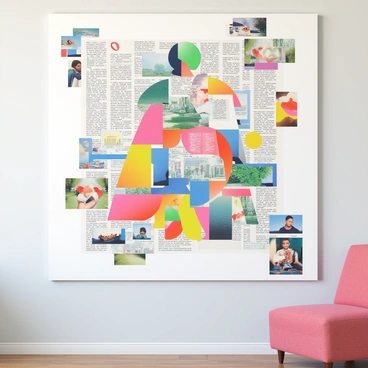 A large art piece is displayed on a wall, created from an array of magazine cutouts that blend together to form a cohesive image. The cutouts consist of vibrant colors, textures, and patterns, showcasing different elements such as nature, urban scenes, and abstract shapes. In the center, a prominent figure emerges, composed of smaller pieces that complement each other, creating a harmonious visual effect. Surrounding the central image are smaller cutouts, adding depth and interest to the overall composition. The background is subtly textured, enhancing the visual contrast of the magazine snippets. Various shades of color work together to unify the artwork, drawing the viewer's eye across the entire piece.