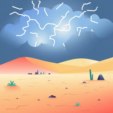 A vast desert landscape stretches across the image, characterized by smooth golden sand dunes that ripple under the gentle wind. In the background, dark storm clouds gather ominously, contrasting sharply against the bright blue sky. A brilliant lightning storm illuminates the scene with flashes of white light cutting through the clouds. The ground is parched and cracked, with scattered rocks and sparse vegetation dotted throughout the landscape. The dramatic interplay of light and shadow from the lightning creates a striking atmosphere, highlighting the desolation and beauty of the desert in this electrifying moment.