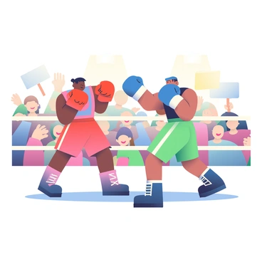 Two boxers are engaged in an intense boxing match, both in mid-punch. The fighter on the left has dark skin and is wearing red gloves, while the fighter on the right has light skin and is wearing blue gloves. Their expressions are focused and determined as they exchange powerful punches. In the background, a cheering crowd with excited faces can be seen, raising their hands and holding signs in support of the fighters. The ring is illuminated by bright lights overhead, highlighting the action taking place in the center.