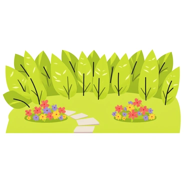 A border of dense green leaves surrounding a well-kept garden. The leaves have various shades of green, with some light filtering through them. In the center of the garden, there are colorful flower beds filled with red, yellow, and purple flowers. A small pathway made of stone leads through the garden, inviting exploration. The overall scene appears lush and vibrant, creating an atmosphere of peace and welcoming.