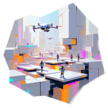 A bustling robot city maze filled with intricate mechanical pathways weaving through various structures. The city is populated with numerous robots of different shapes and sizes, some attending to tasks while others interact with one another. Above, flying drones navigate through the air, their metallic bodies glinting in the light. The pathways are lined with vibrant neon lights, adding a dynamic energy to the scene. Towering buildings constructed from steel and glass rise in the background, further enhancing the complexity of the maze.