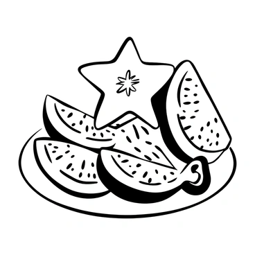 A starfruit sliced at multiple angles, showcasing its distinctive star shape. Each slice displays the intricate patterns and textures of the fruit's surface. The slices are arranged elegantly on a simple white plate. The background is minimal to emphasize the starfruit's unique form and structure.