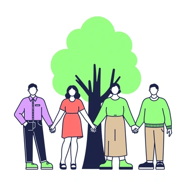 A group of people is standing in a circle, holding hands to symbolize community support. Each person has a distinct appearance: one individual is wearing a blue shirt with dark jeans, another has a red dress, while a third person is dressed in a green sweater with khaki pants. In the center, there is a large tree with a thick trunk and expansive foliage, representing strength and unity. The individuals are connected through their clasped hands, creating a sense of togetherness and solidarity. Their expressions are positive, reflecting a spirit of cooperation and warmth.