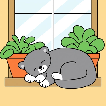 A small gray kitten with white paws is curled up in a tight ball, napping peacefully on a cozy windowsill. The kitten has its eyes closed and a content expression on its face, with its soft fur appearing fluffy and well-groomed. The windowsill is made of light wood, and behind it, there are lush green plants in pots that add a touch of color to the scene. Sunlight streams in through the window, casting gentle shadows and creating a warm atmosphere around the sleepy kitten.