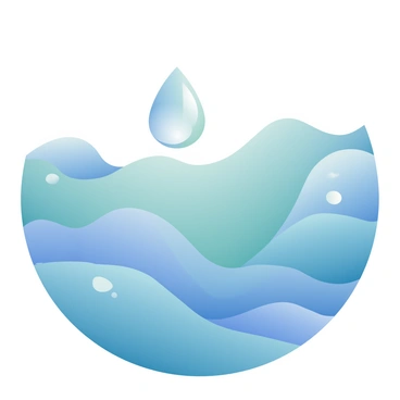 A single teardrop-shaped microplastic is floating at the surface of the ocean. The water around it features gentle waves with soft, flowing lines. The microplastic has a light blue color, reflecting the sunlight that sparkles on the water's surface. The ocean waves are a blend of deep blue and turquoise hues, creating a smooth gradient effect. The scene captures the contrast between the microplastic and the natural beauty of the surrounding water.